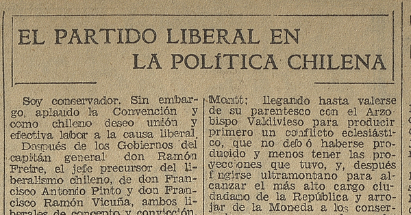 El Partido Liberal en la política chilena. El Mercurio. Santiago, viernes 13 de octubre de 1933. Portada