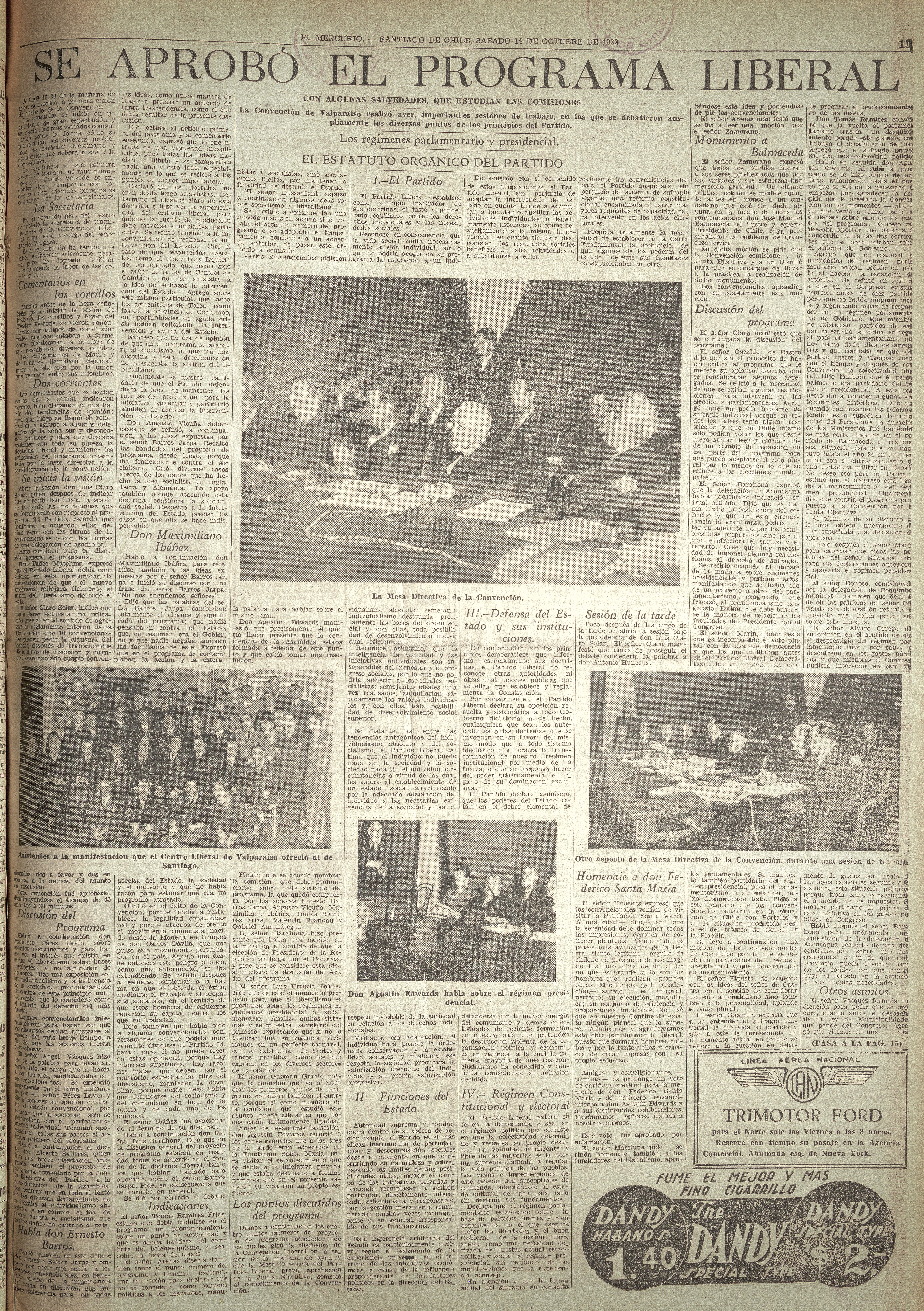 "Se aprobó el programa Liberal", Diario El Mercurio, Santiago 14 de Santiago 14 de octubre de 1933