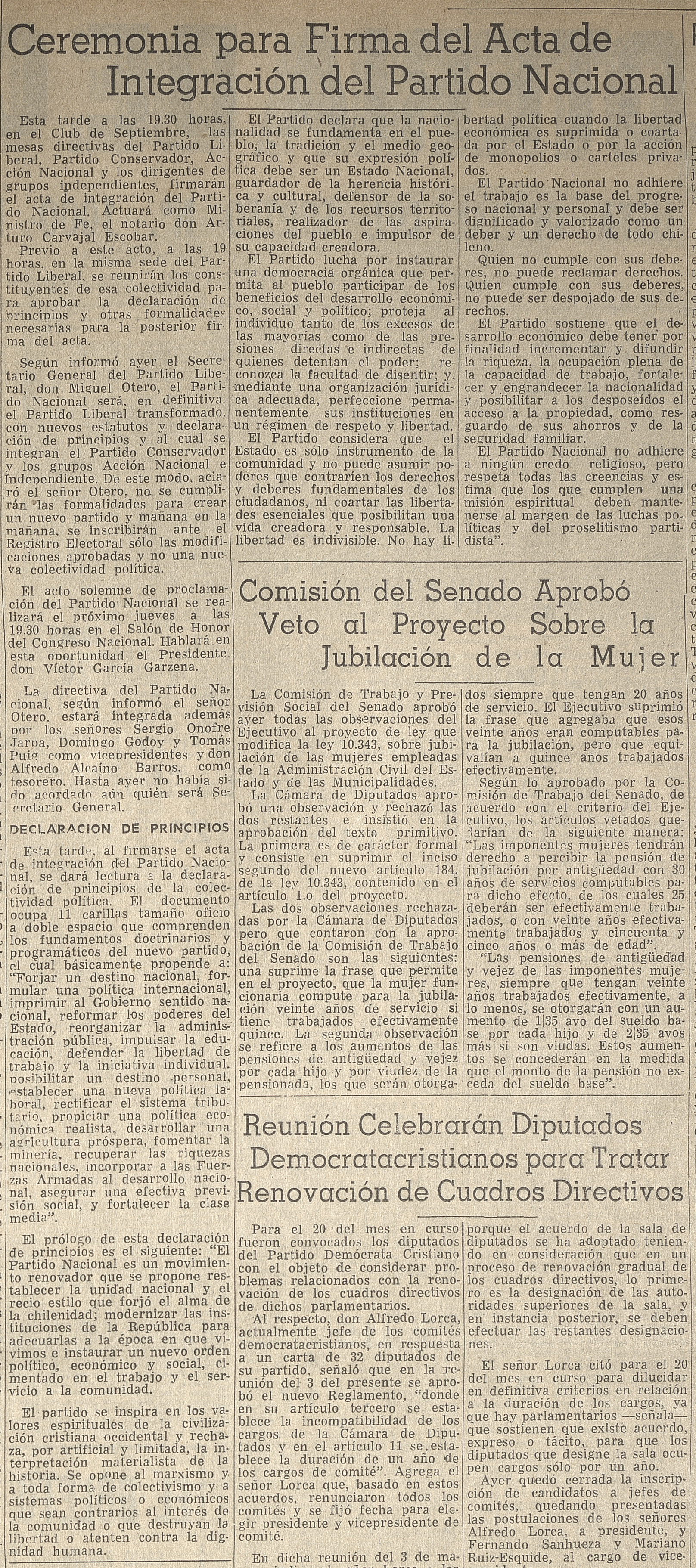 Ceremonia para firmar del Acta de integración Nacional, El Mercurio, Santiago, martes 10 de mayo de 1966.