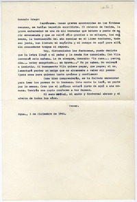 [Carta] 1941 diciembre 3, Rancagüa, Chile [a] Gonzalo Drago  [manuscrito] Oscar Castro.