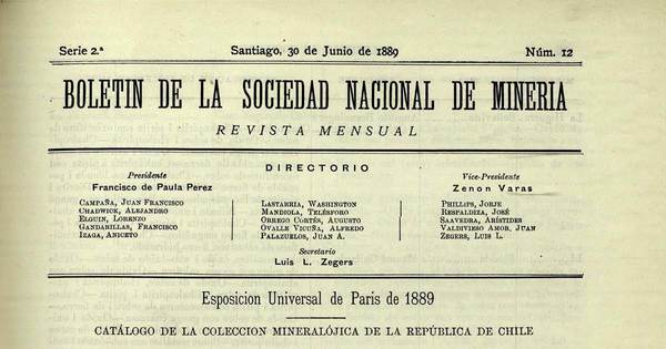 Esposicion Universal de París de 1889, catálogo de la colección mineralójica de la República de Chile
