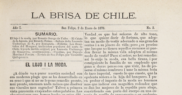 La brisa de Chile. Año 1, número 2, 2 de enero de 1876