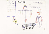 Dibujo de montaje Cada niño una historia, Compañía Escuela Teatro "Q", 1984