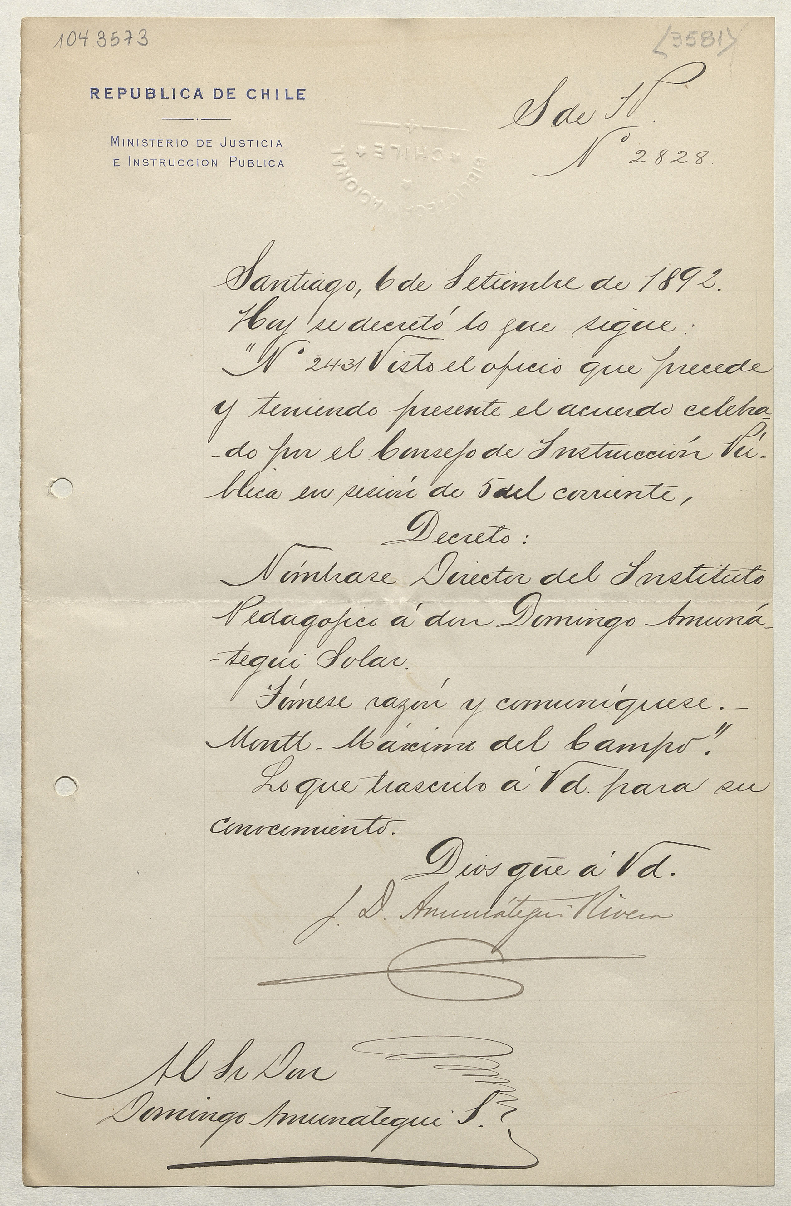 [Decreto nº 2828] 1892 Septiembre 06, Santiago [manuscrito].