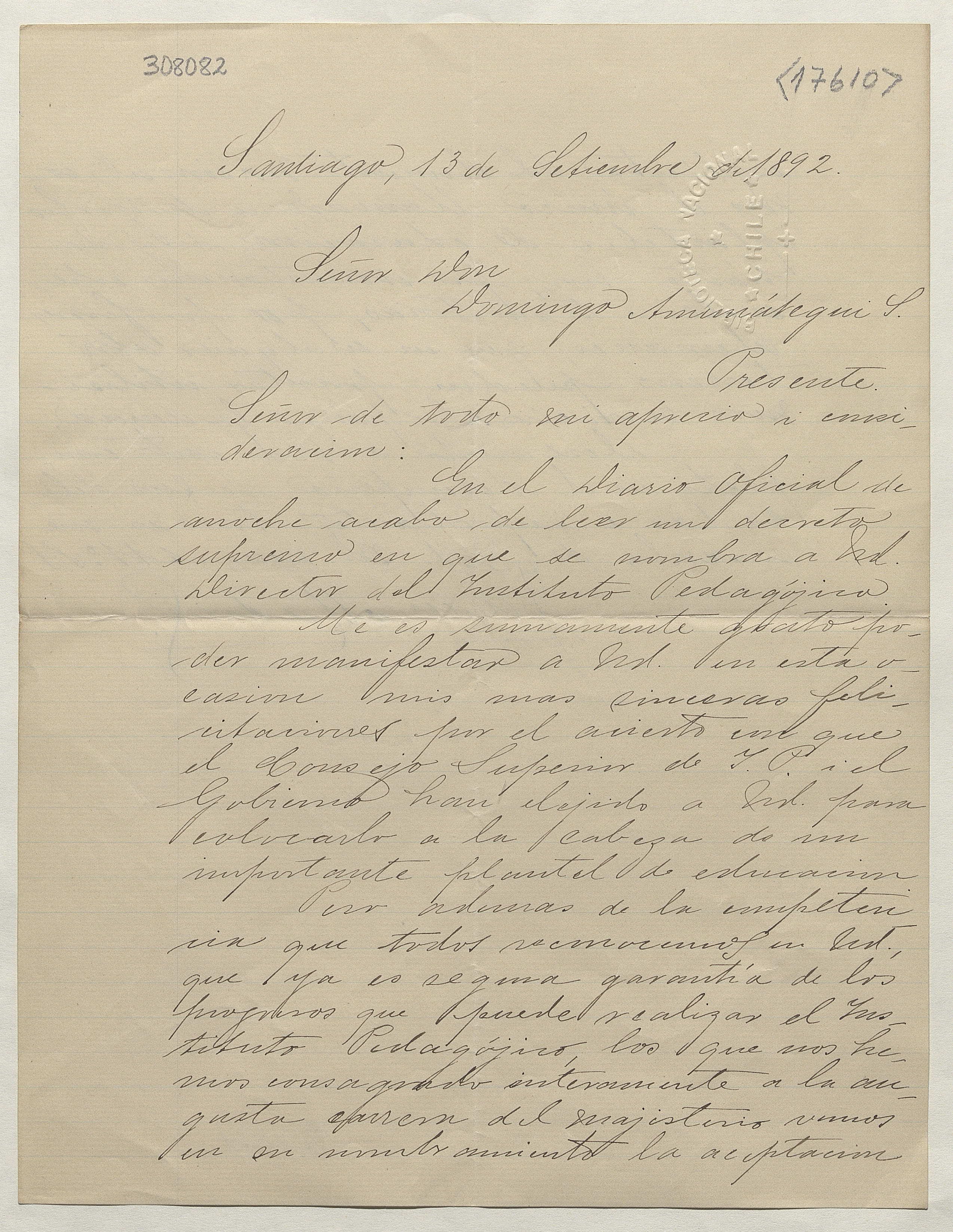 [Carta] 1892 Septiembre 13, Santiago [a] Domingo Amunátegui Solar.[Manuscrito].