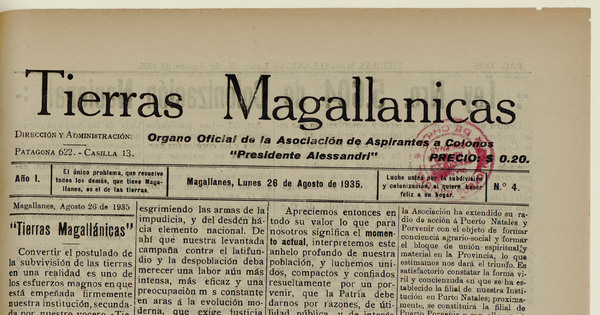 Tierras Magallánicas, número 4, 26 de agosto de 1935