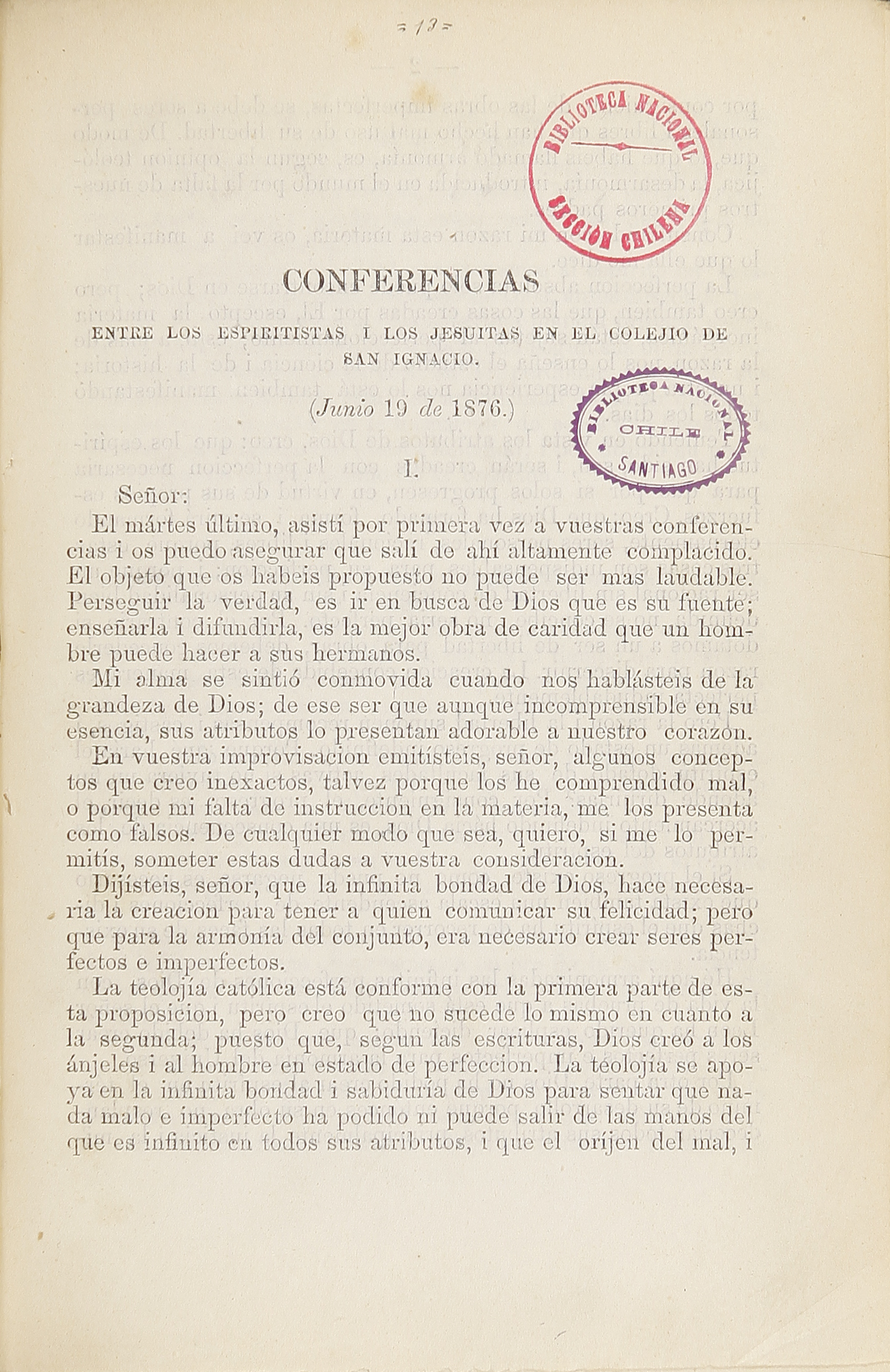 Conferencias entre los espiritistas i los jesuitas en el colegio de San Ignacio: (junio 19 de 1876)