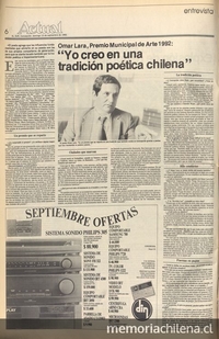  Yo creo en una tradición poética chilena: Omar Lara, premio municipal de arte, 1992. (Entrevista)