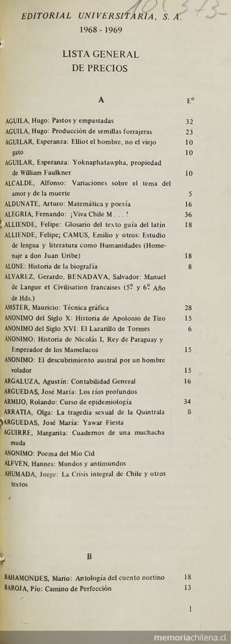  Editorial Universitaria :1968-1969 - "Lista General de precios"