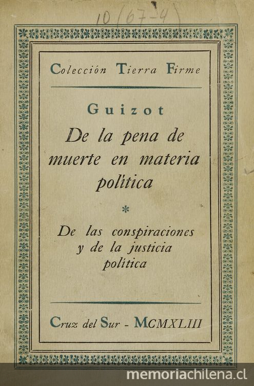 Portada del libro De la pena de muerte en materia política de François Guizot, publicado por Editorial Cruz del Sur en 1943.