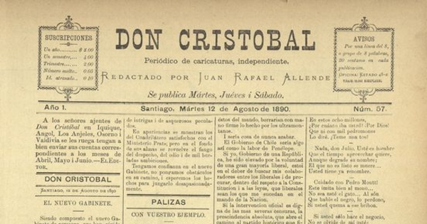 Don Cristóbal. Santiago, 12 de agosto de 1890