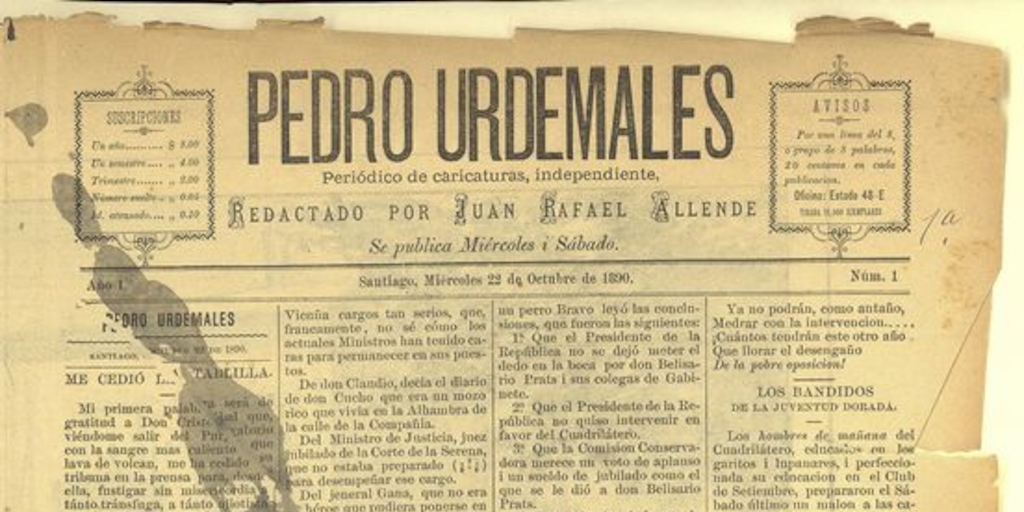 Pedro Urdemales. Santiago, 22 de octubre de 1890