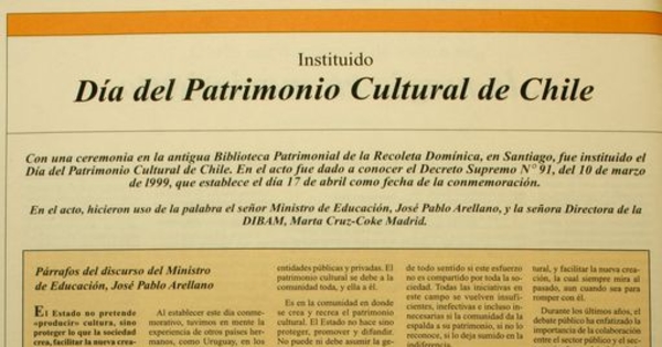 Instaurado Día del Patrimonio Cultural de ChileEn: Patrimonio  Cultural (14): 22, mayo, 1999.