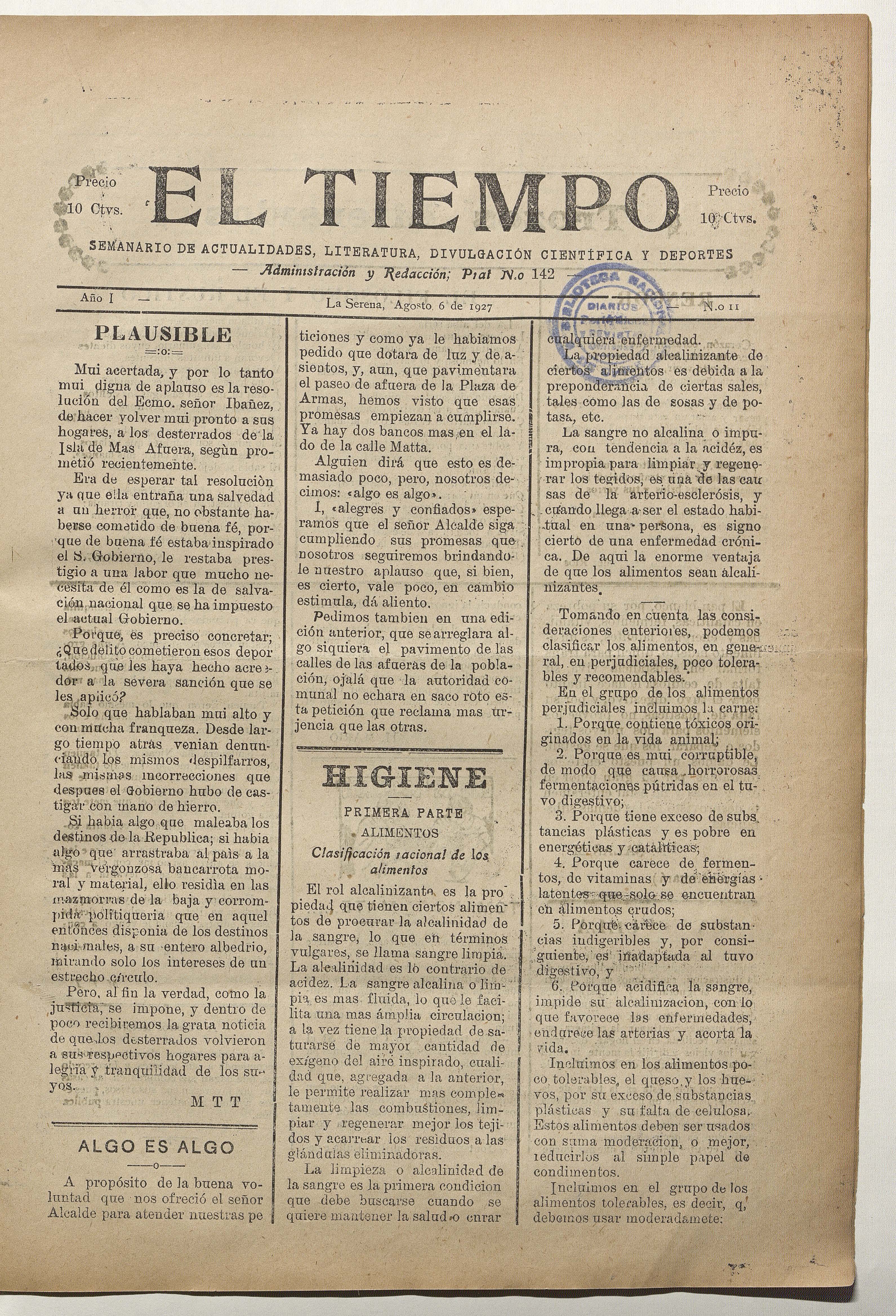 El Tiempo, número 11, 6 de agosto de 1927
