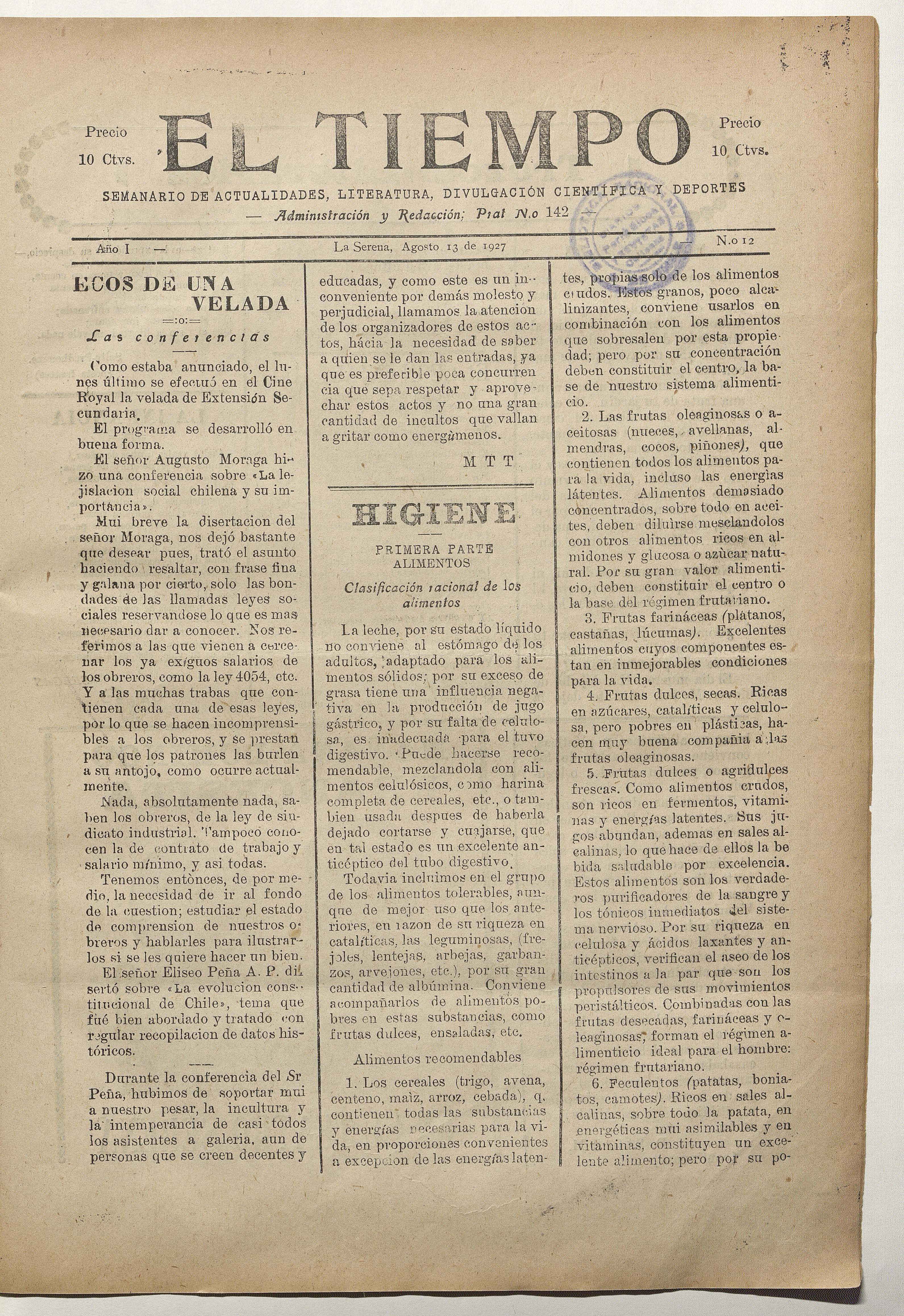 El Tiempo, número 12, 13 de agosto de 1927