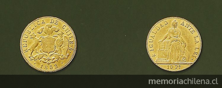 Pie de foto: Moneda de oro de 10 pesos, 1852