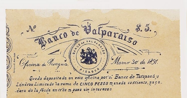 Pie de foto: Vale de depósito del Banco de Valparaíso, 1891