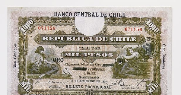 Pie de foto: Billete de 1.000 pesos Banco Central, 1925
