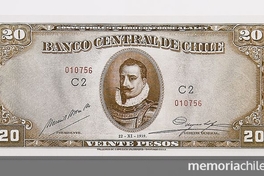 Pie de foto: Billete de 20 pesos Banco Central, 1939