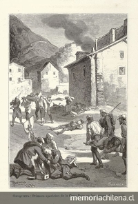 Pie de Foto: "Primera aparición pública de la Cruz Roja en los campos de Navarra". Grabado europeo del siglo XIX