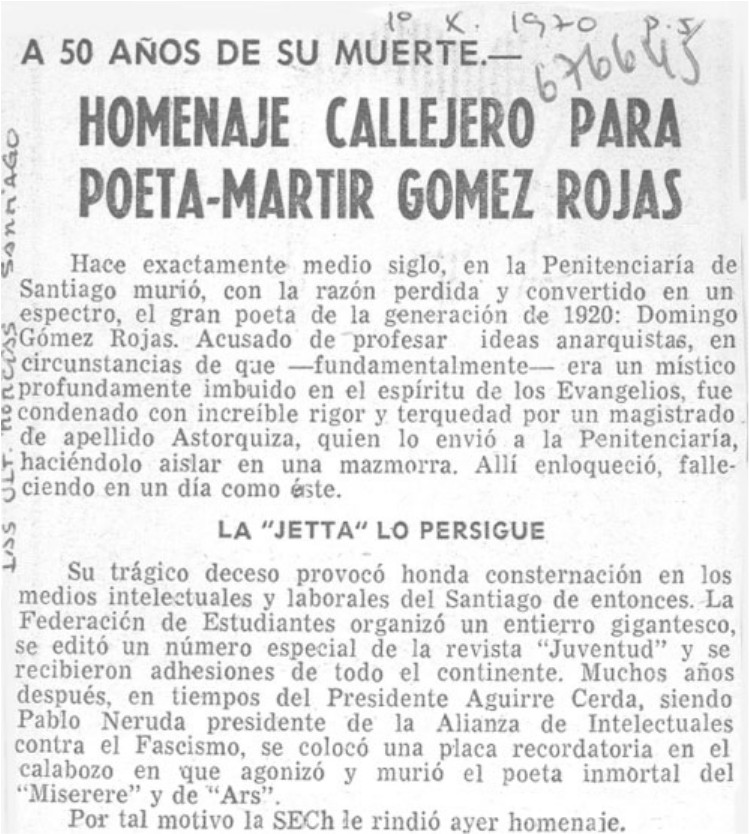 Homenaje callejero para poeta-martir Gómez Rojas
