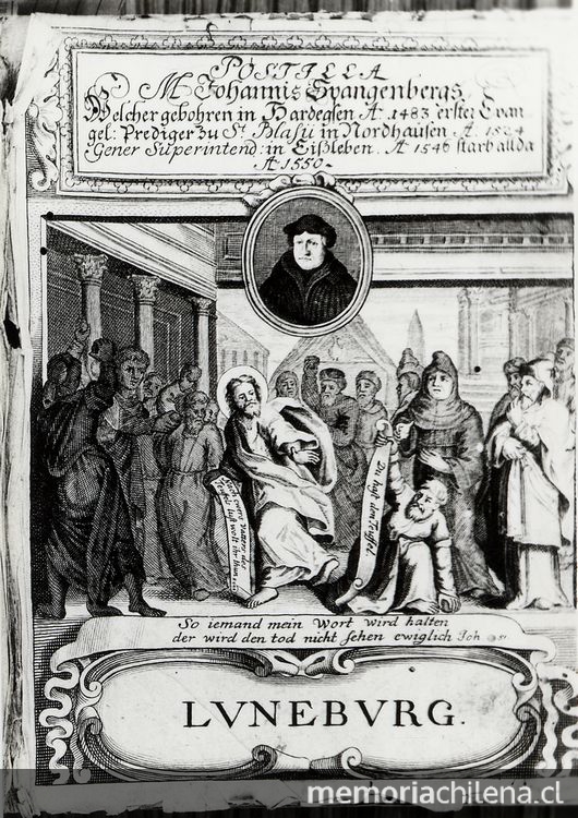 Pie de foto: Portada y frontispicio de postilla explicación de los evangelios y de las epístolas [fotografía], 1718.