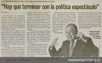 "Hay que terminar con la política espectáculo", Las Últimas Noticias, (Santiago), 14 de diciembre, 2002, p. 13.