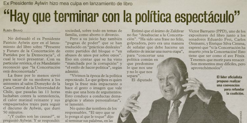 "Hay que terminar con la política espectáculo", Las Últimas Noticias, (Santiago), 14 de diciembre, 2002, p. 13.