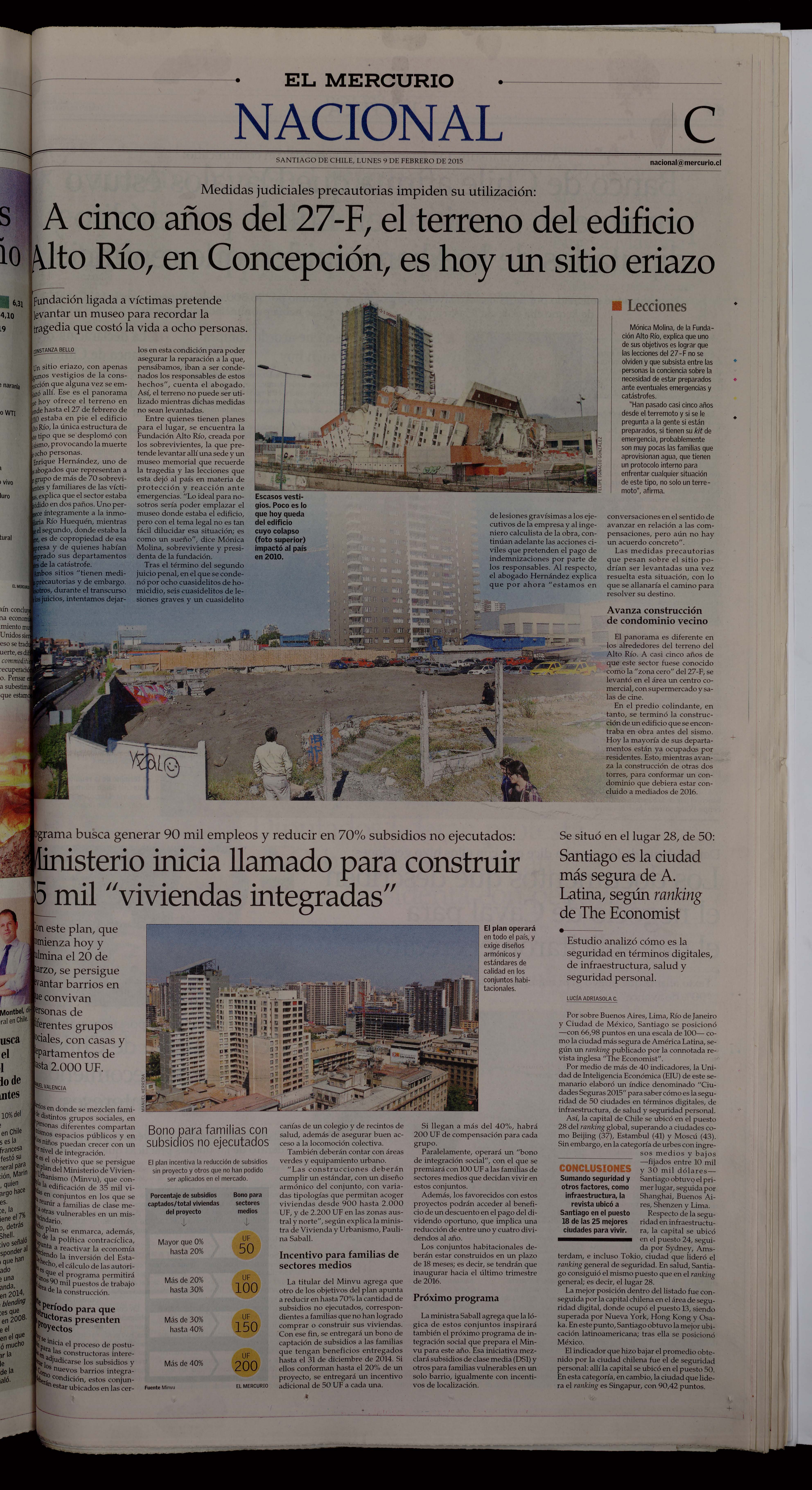 A cinco años del 27-F, el terreno del edificio Alto Río, en Concepción, es hoy un sitio eriazo”, Constanza Bello, periódico El Mercurio, portada cuerpo C, 9 de febrero de 2015