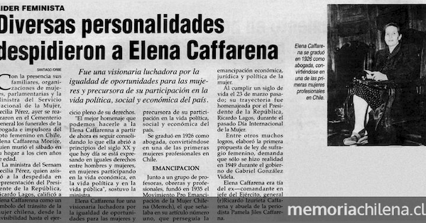 "Diversas personalidades despidieron a Elena Caffarena", El Diario Austral, (Valdivia), 21 de julio, 2003, p.B3.