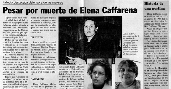 "Pesar por muerte de Elena Caffarena", La Estrella, (Iquique), 21de julio, 2003, p.A8.