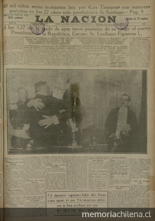 "A las 5.27 de la tarde de ayer tomó posesión de su cargo el nuevo Presidente de la República, Excmo. Sr. Emiliano Figueroa L." en La Nación, Santiago, 24 de diciembre de 1925, pp. 1 y 3.
