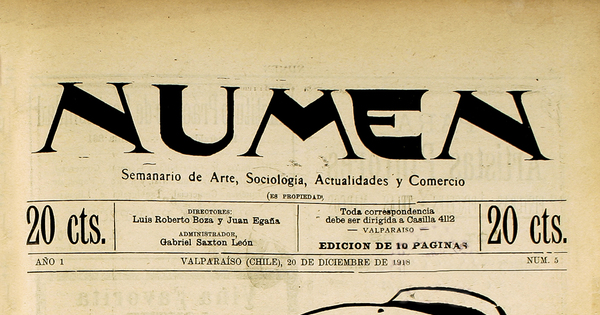 Numen. Año 1, número 5, 20 de diciembre de 1918