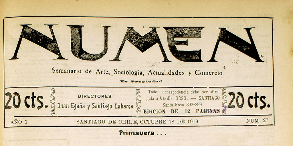 Numen. Año 1, número 27, 18 de octubre de 1919
