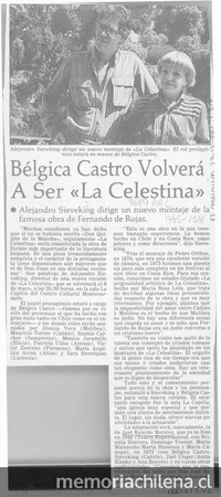 Bélgica Castro volverá a ser "La Celestina"