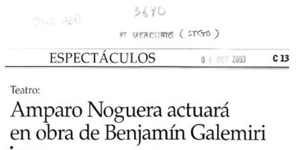 Amparo Noguera actuará en obra de Benjamín Galemiri