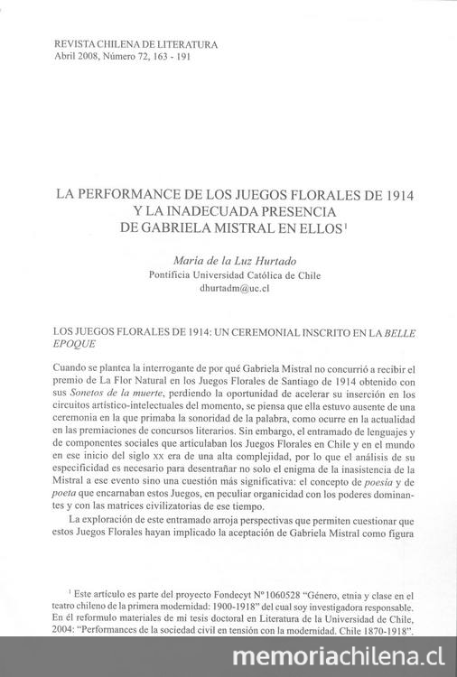 La performance de los Juegos Florales de 1914 y la inadecuada presencia de Gabriela Mistral en ellos