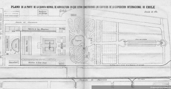 Plano de la parte de la Quinta Normal de Agricultura en que están construidos los edificios de la Exposición Internacional de Chile