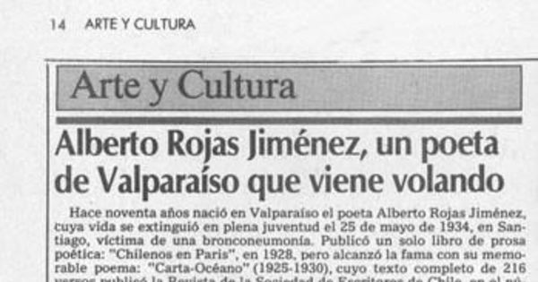 Alberto Rojas Jiménez, un poeta de Valparaíso que viene volando