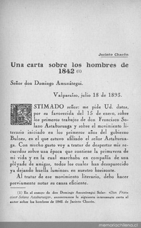Carta sobre los hombres de 1842 : Señor Don Domingo Amunátegui : Valparaíso julio 18 de 1893