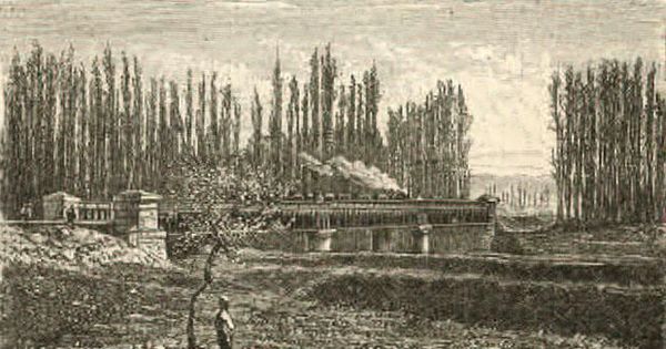 Puente del ferrocarril sobre el río Mapocho, hacia 1870