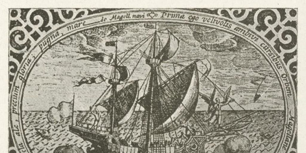 Nave Victoria, única de la armada de Hernando de Magallanes que dio la vuelta al mundo, grabado de 1603