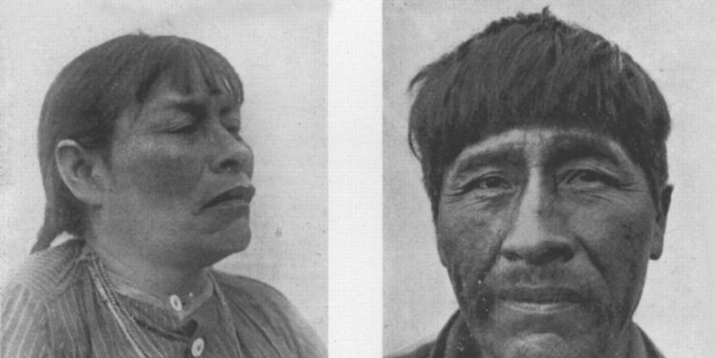 Hombre y mujer yámana, hacia 1920