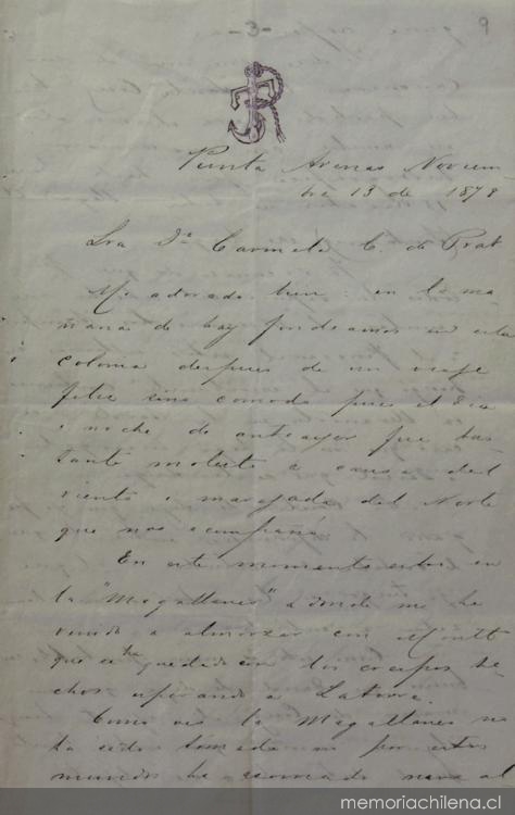 Punta Arenas, 13 de noviembre de 1878 : carta de Arturo Prat a Carmela Carvajal