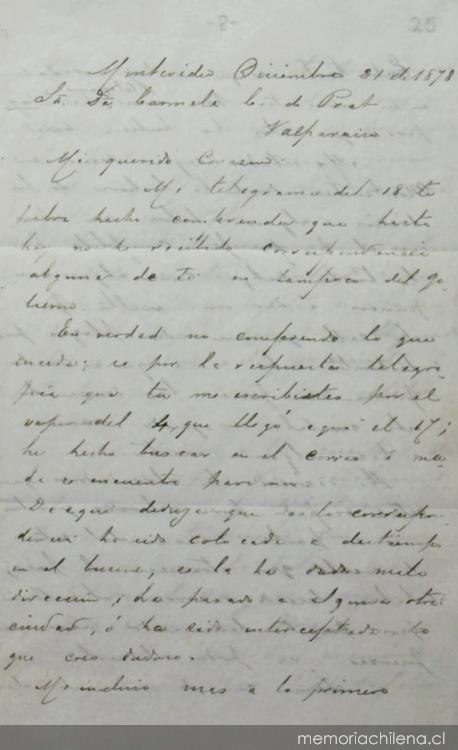 Montevideo, 21 de diciembre de 1878 : carta de Arturo Prat a Carmela Carvajal