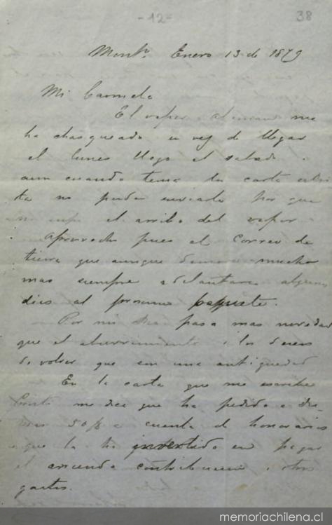 Montevideo, 13 de enero de 1879 : carta de Arturo Prat a Carmela Carvajal