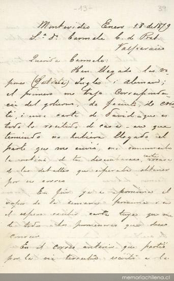 Montevideo, 18 de enero de 1879 : carta de Arturo Prat a Carmela Carvajal