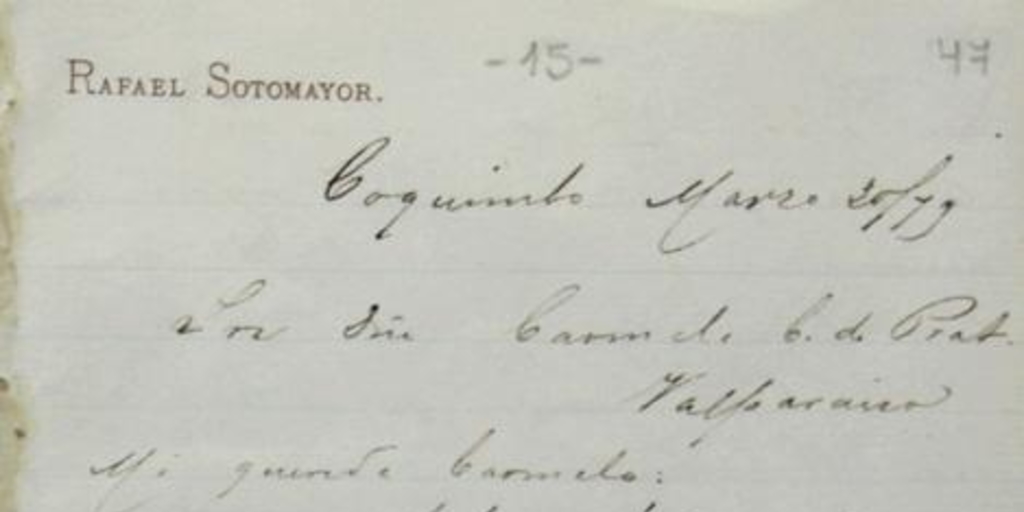 Coquimbo, 20 de marzo de 1879 : carta de Arturo Prat a Carmela Carvajal
