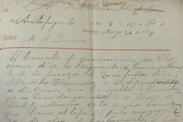 Telegrama enviado al Ministro de Guerra de Justo Arteaga (Comandante en Jefe del Ejército), anunciando los resultados del Combate Naval de Iquique. Antofagasta, 24 de Mayo de 1879