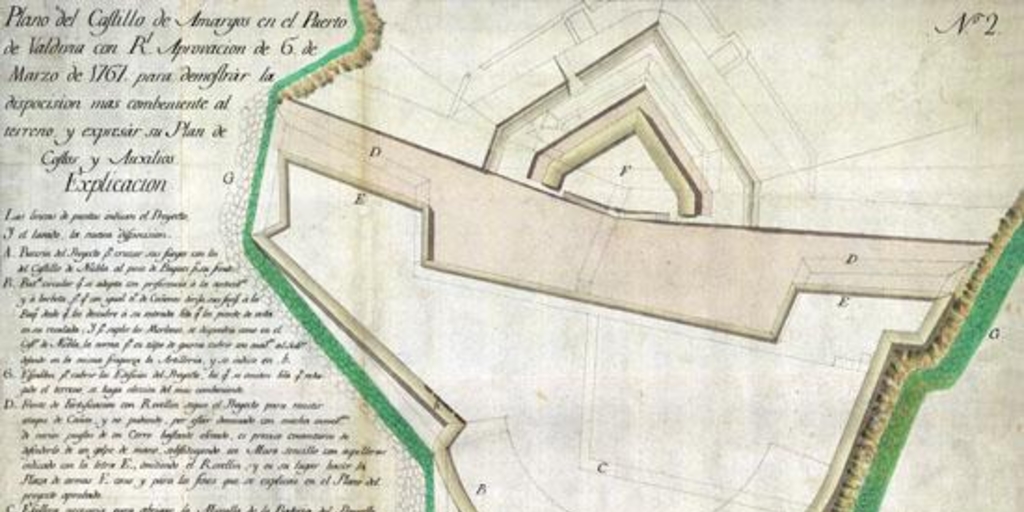 Plano del Castillo de Amargos en el puerto de Valdivia con R' aprovacion del 6 de marzo de 1767 para demostrar la dispocision mas combeniente al terreno y expresar su plan de costas y auxilios